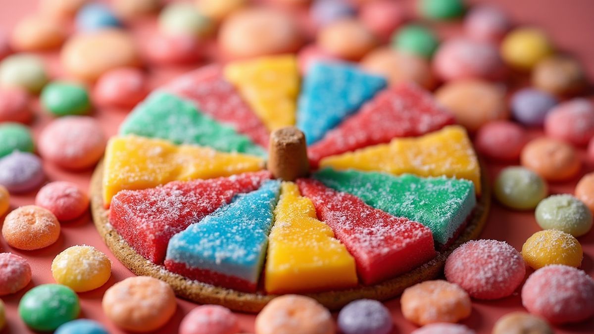 A spinning candy wheel surrounded by vibrant candies.