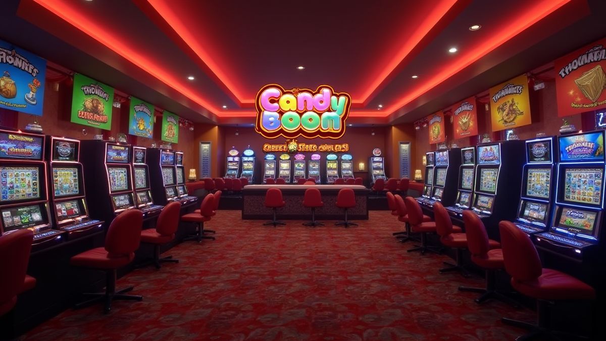 A cozy casino lobby advertising Candy Boom Slot.
