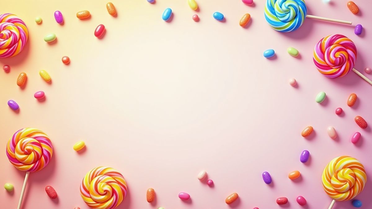 Fundo colorido com temática de caramelos.