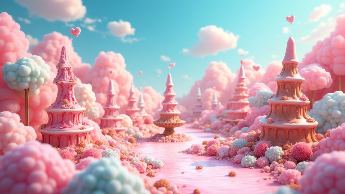 Uma paisagem de fantasia com fontes de chocolate e nuvens de marshmallow.
