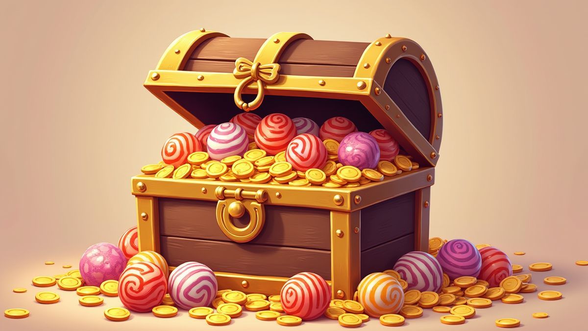 Cofre do tesouro com moedas de ouro e caramelos.