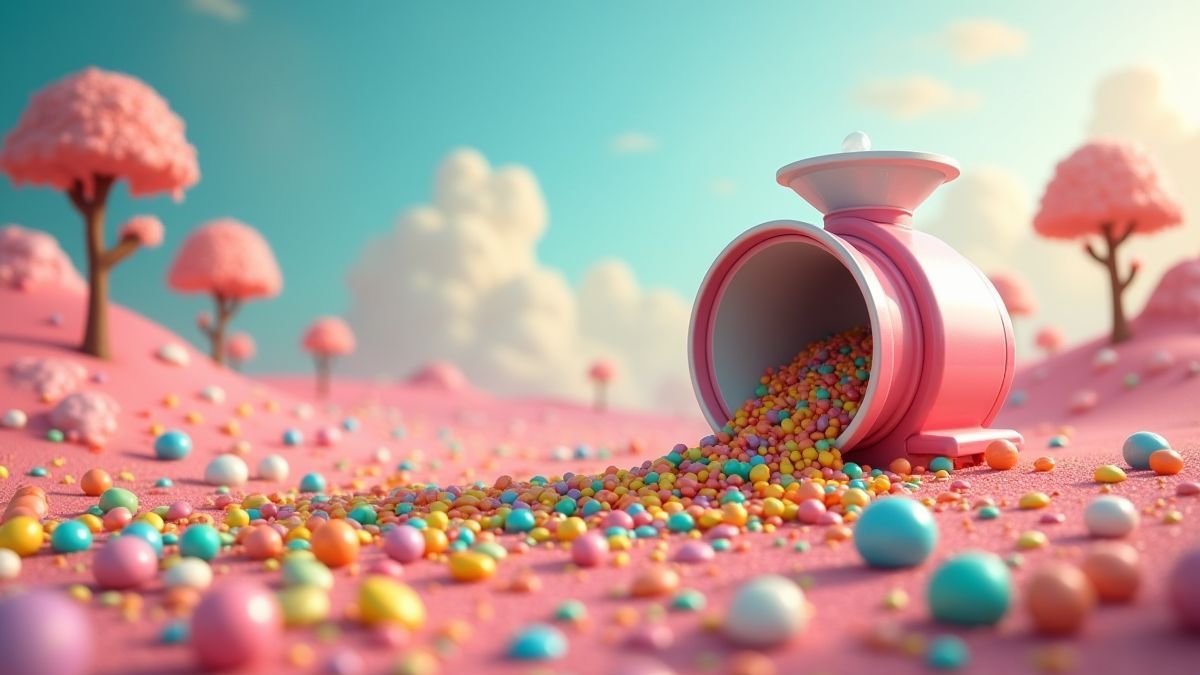 Caramelos de colores cayendo de una máquina en un paisaje lleno de dulces.