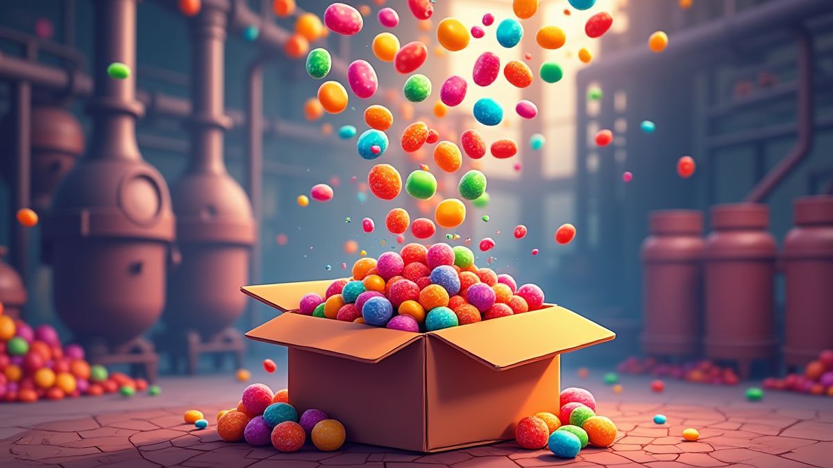 Caramelos en cascada cayendo en una caja en un entorno de fábrica vibrante.