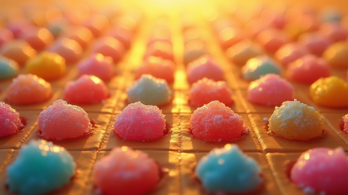Candy clusters arranged on a grid with a golden glow.