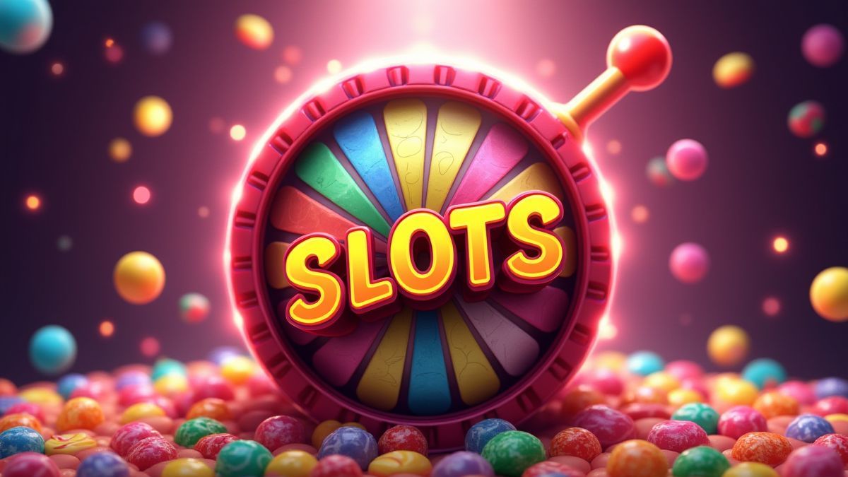 Spinning slot interface surrounded by candy symbols.
