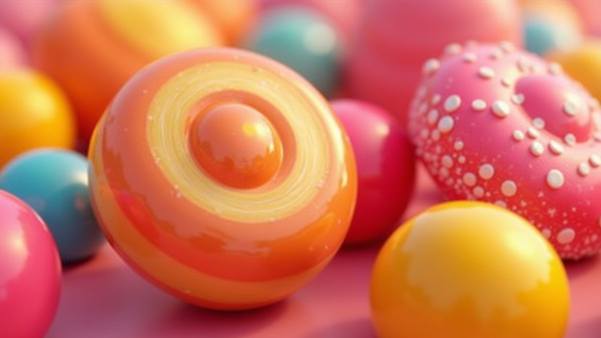 Símbolos de doces vibrantes como pirulitas e gominolas.