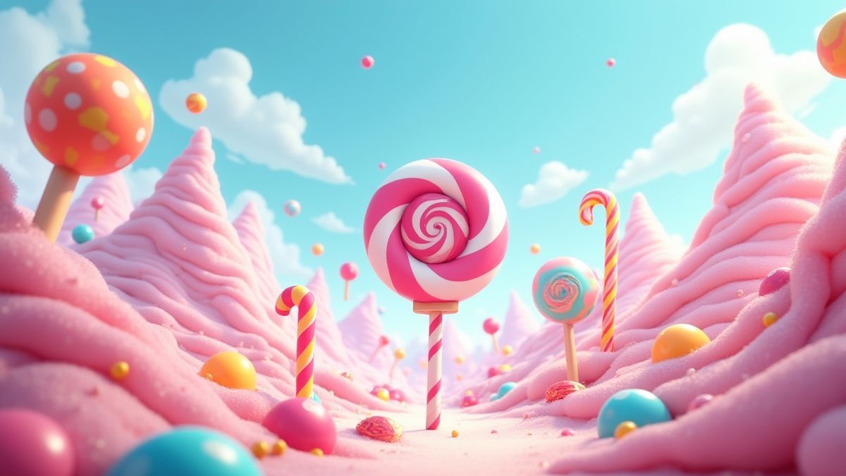 Um mundo animado cheio de pirulitas, bastões de caramelo e montanhas de gominolas.