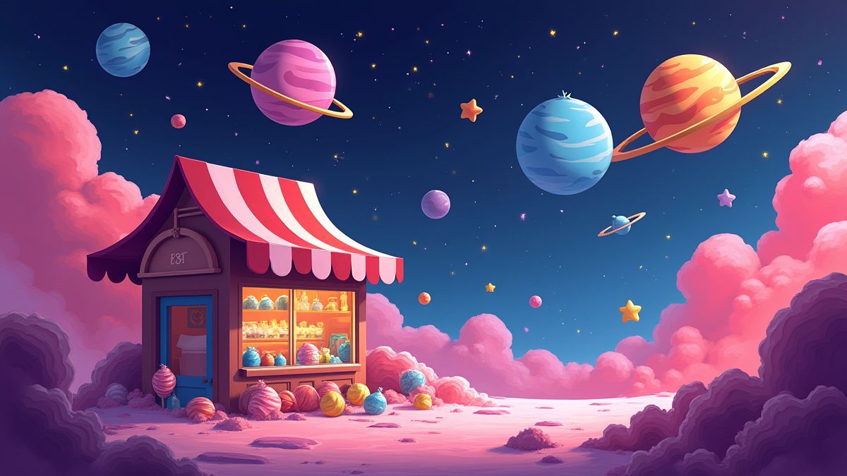 Uma loja de caramelos animada no espaço.