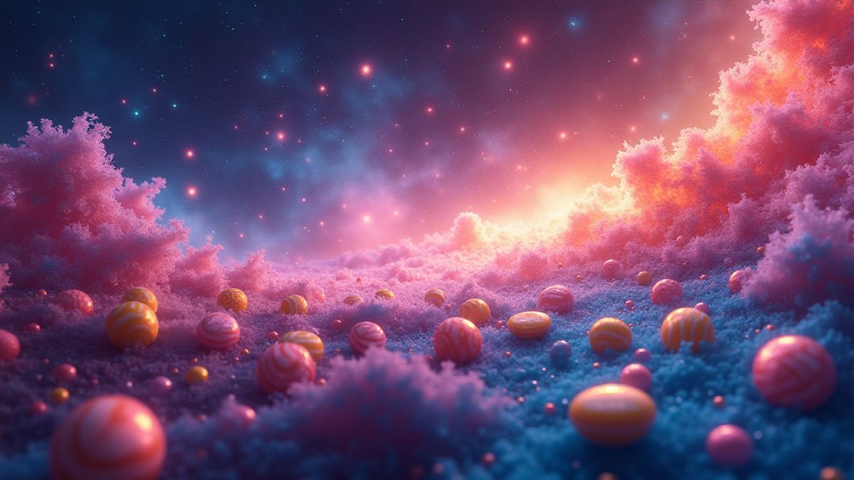 Uma galáxia brilhante com caramelos flutuando e nebulosas resplandecentes.