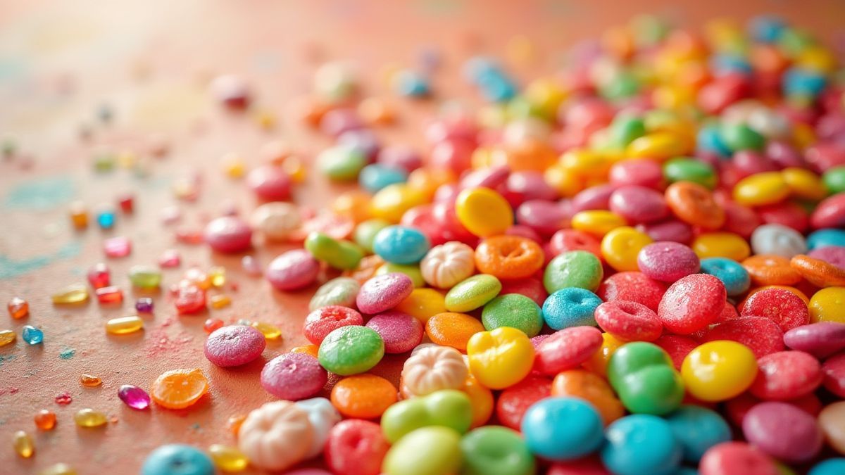 Uma mesa cheia de caramelos e doces coloridos.