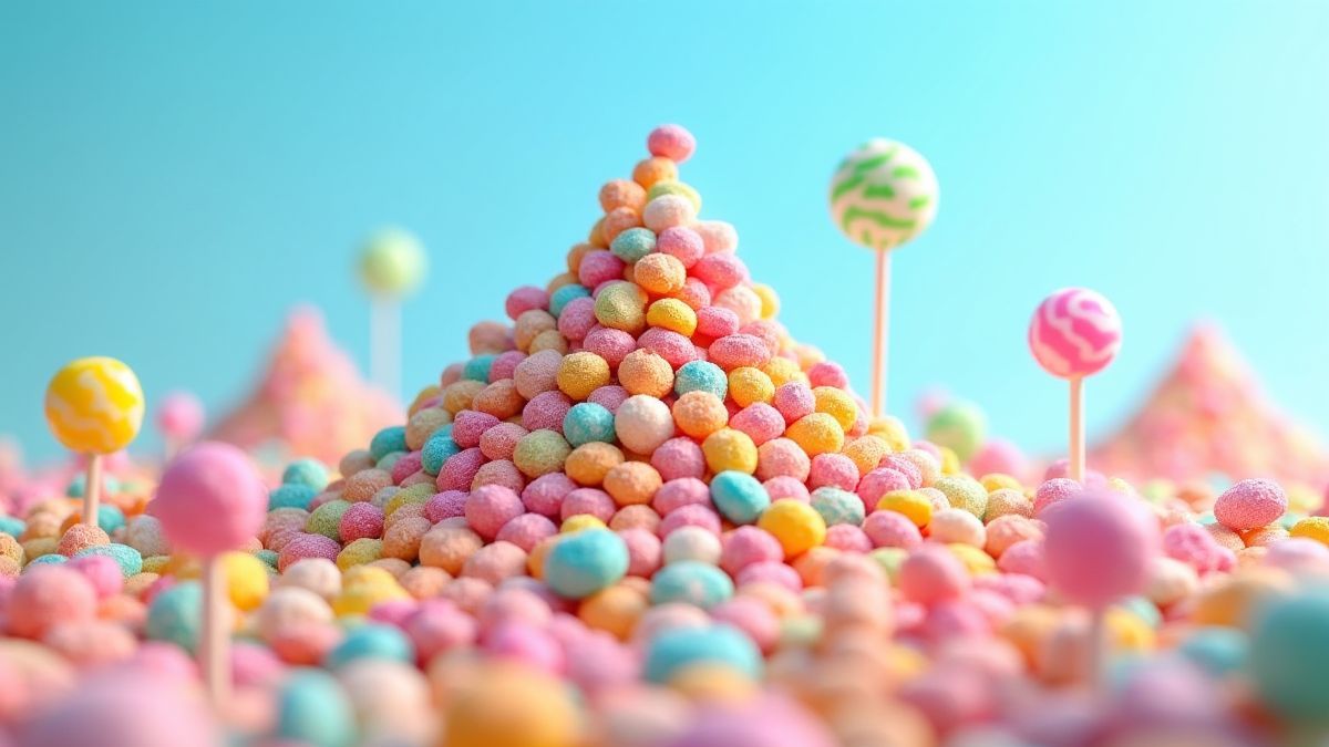 Montanha de doces com guloseimas coloridas e pirulitas sob um céu azul brilhante.