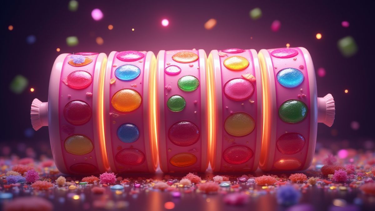 Carretes de caramelos girando com símbolos scatter brilhando.