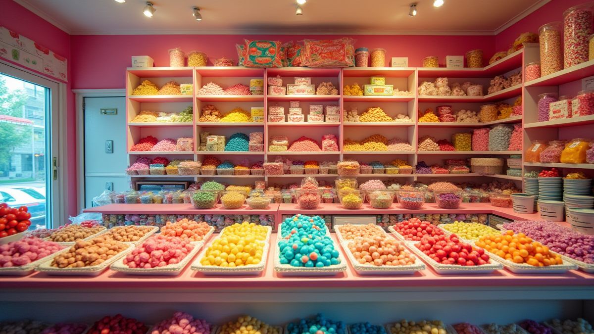 A candy store filled with vibrant sweets.