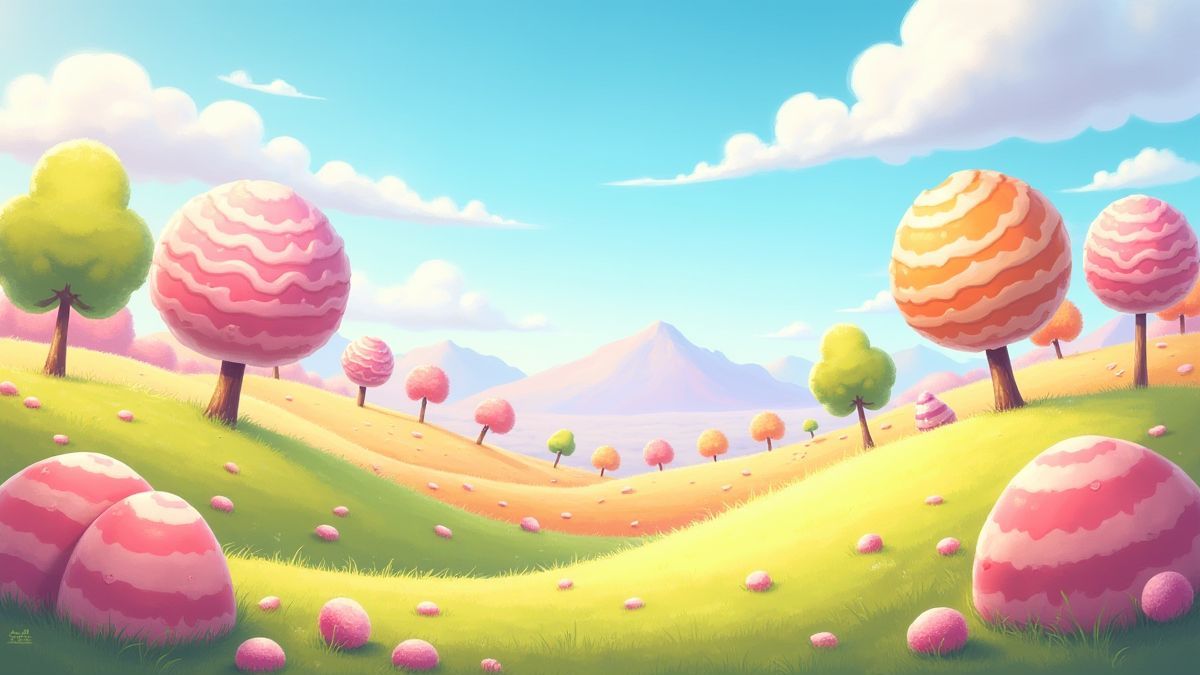 Candy landscape with gumdrop hills and lollipop trees under a sunny sky.