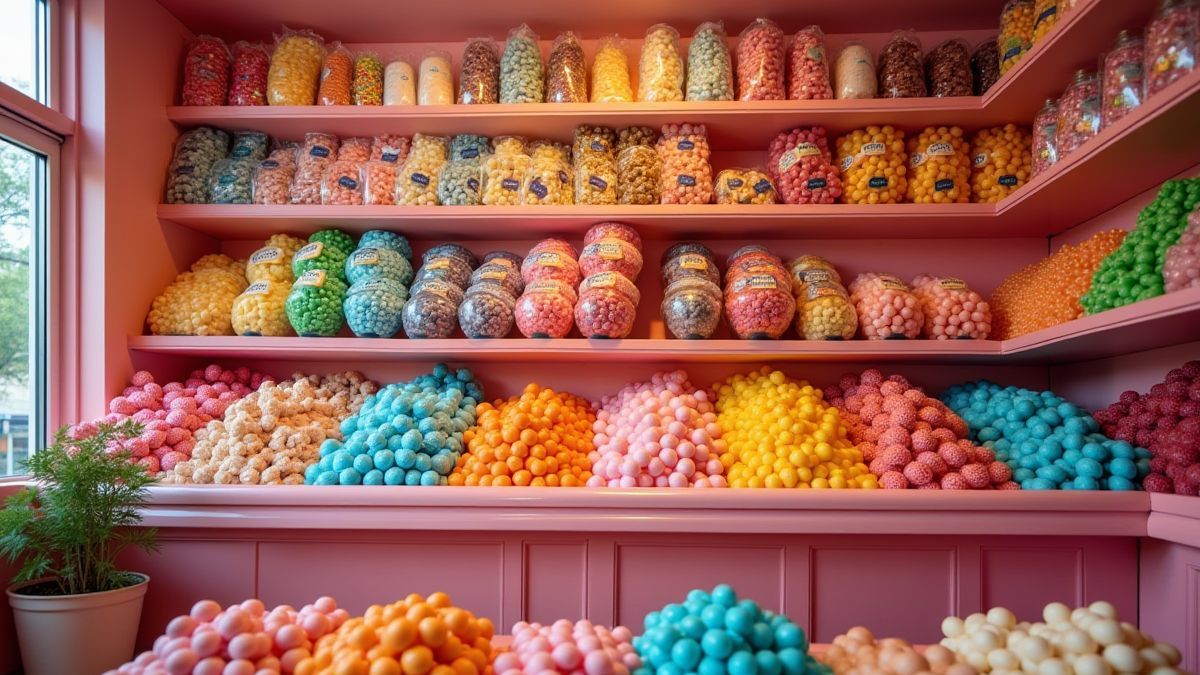 Uma loja de caramelos cheia de cores e doces nas prateleiras.