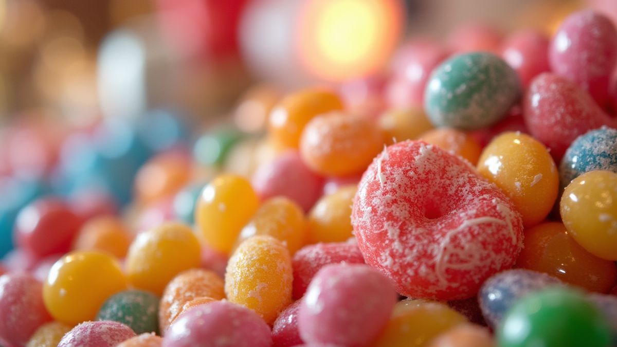 Caramelos y piruletas en un ambiente lleno de colores y dulces.