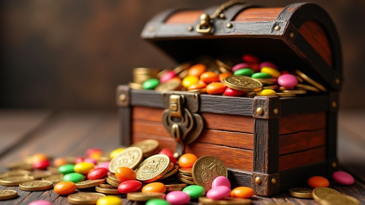 Monedas y caramelos saliendo de un cofre del tesoro.