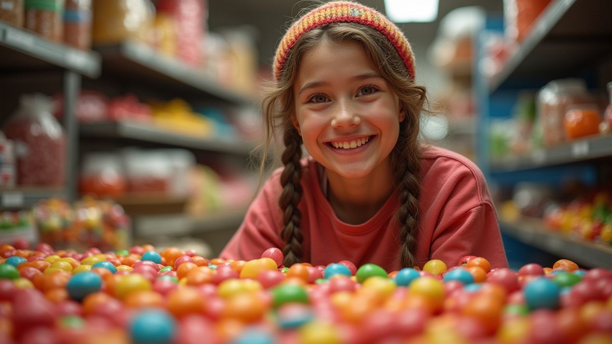 Persona feliz en una fábrica de caramelos llena de colores y dulces.