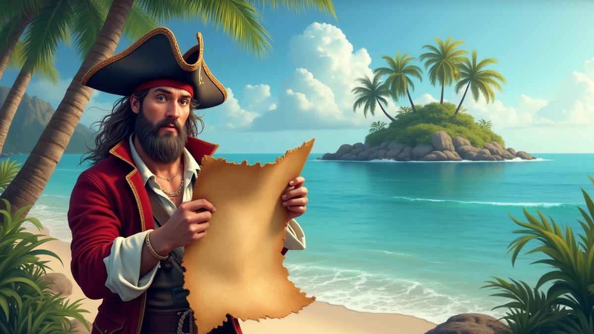 Pirata segurando um mapa do tesouro com uma ilha tropical ao fundo.