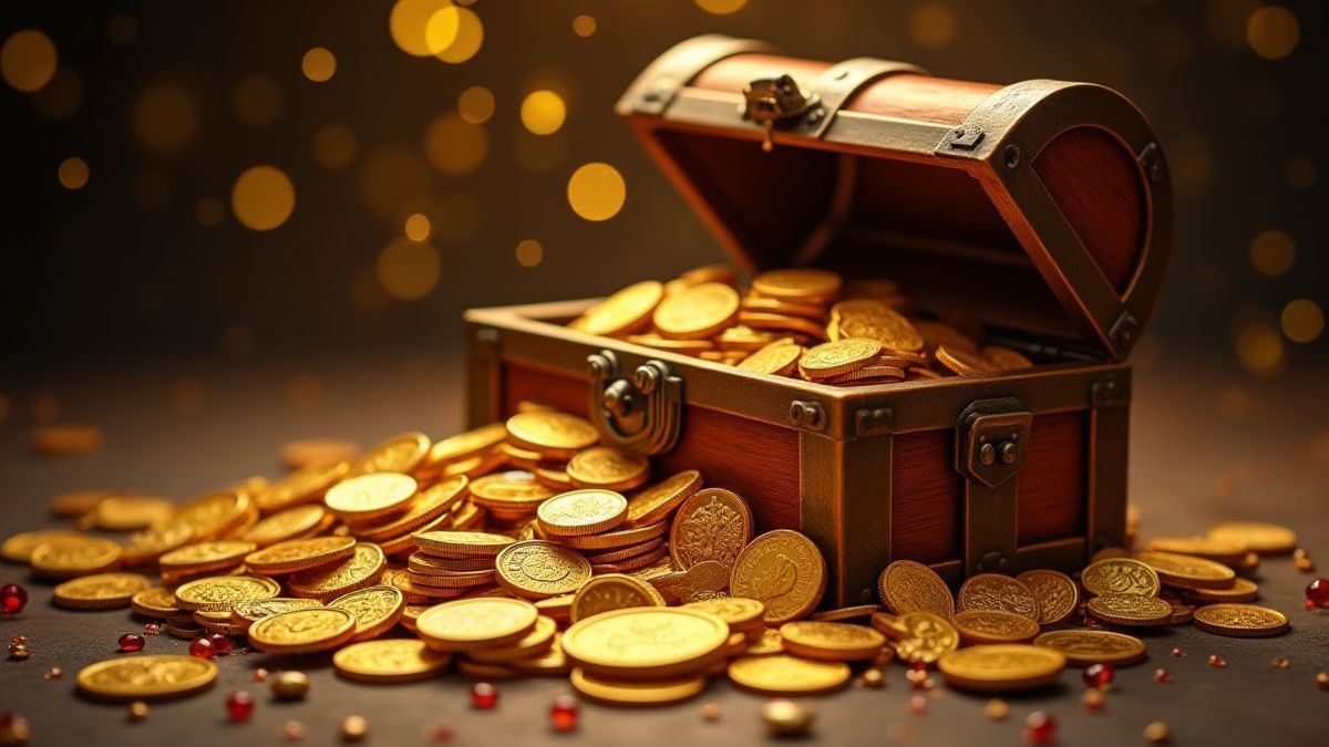 Cofre do tesouro aberto com moedas de ouro e joias.