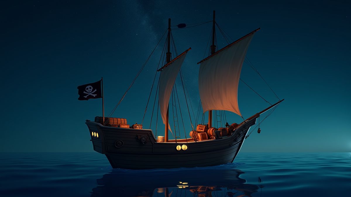 A pirate ship sailing on a starry night with barrels and treasure chests on deck.