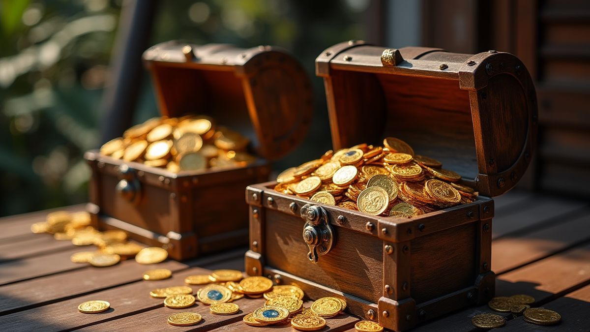 Treasure chests filled with gold coins and jewels on a wooden deck.