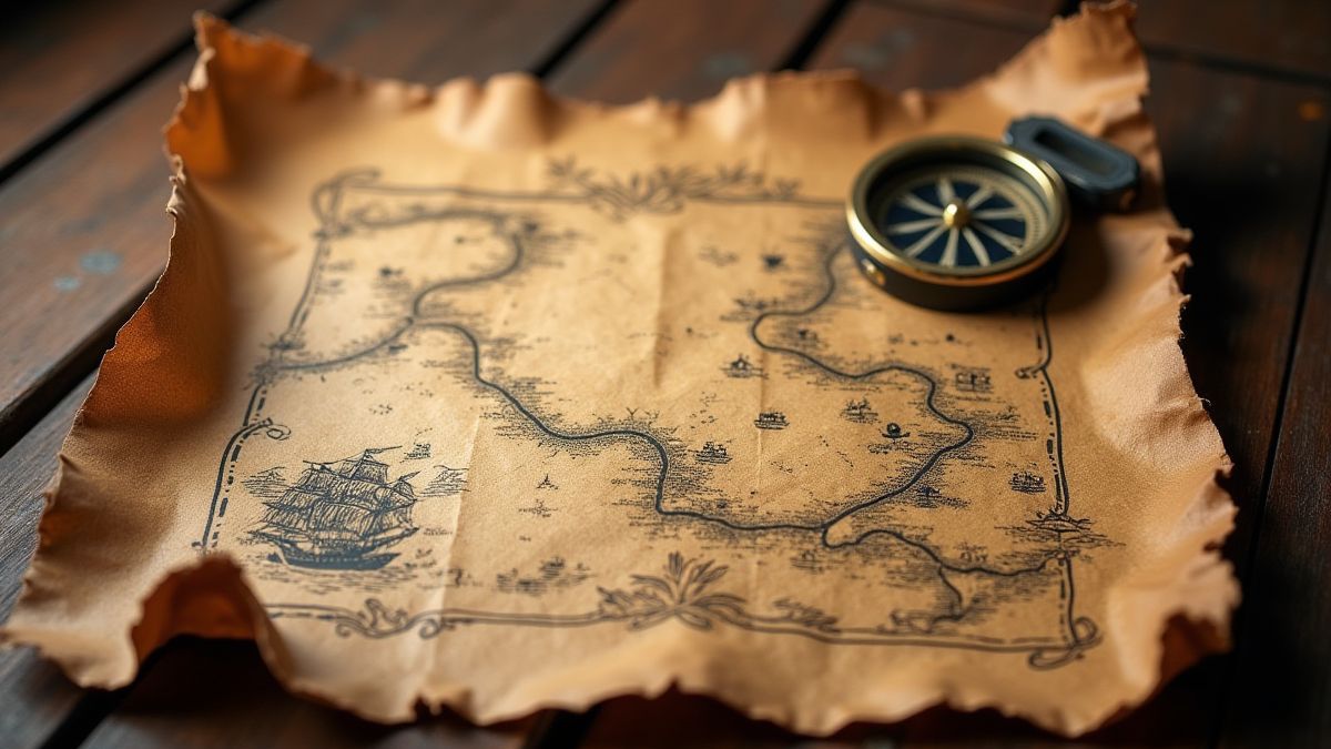 A pirate map with a marked treasure location and a compass on a wooden table.