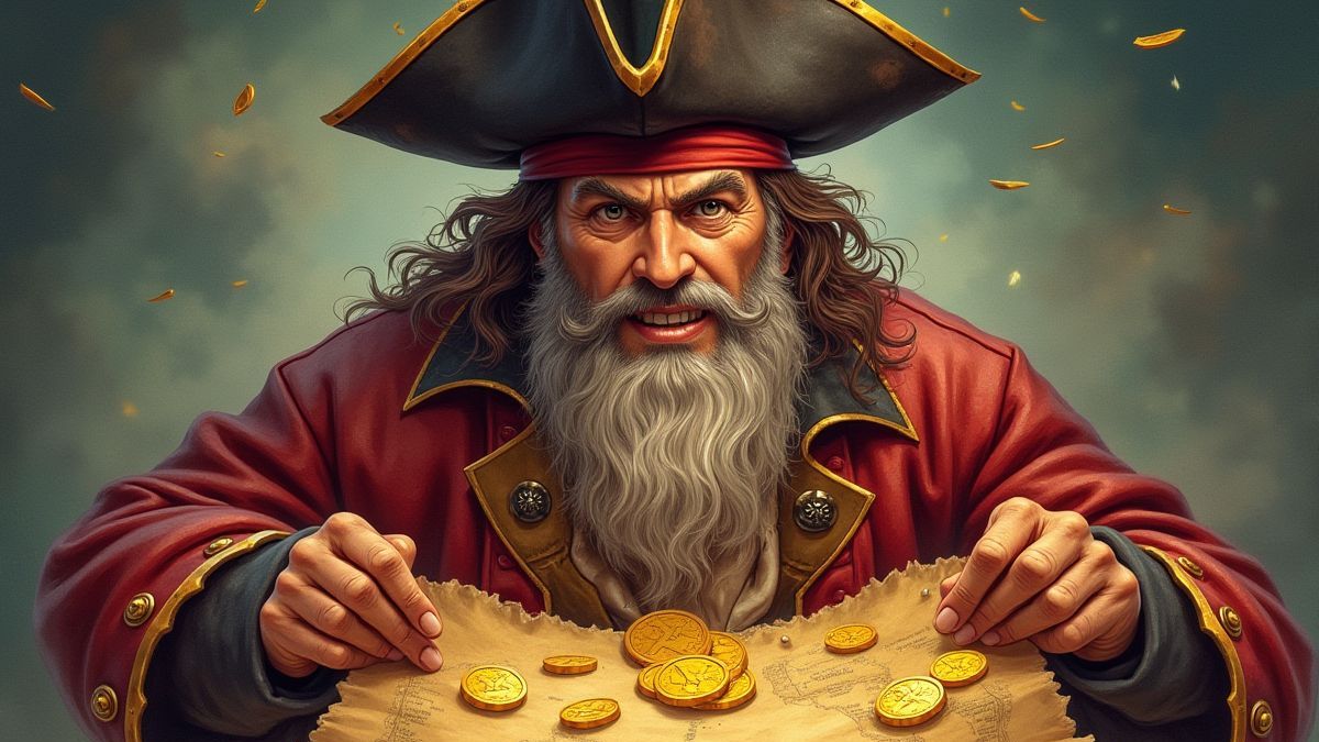 A pirate captain holding a treasure map surrounded by gold coins.