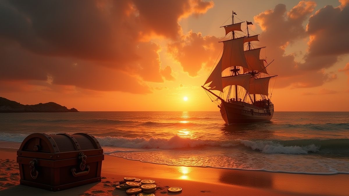A pirate ship sailing towards sunset with treasure chests on the beach.