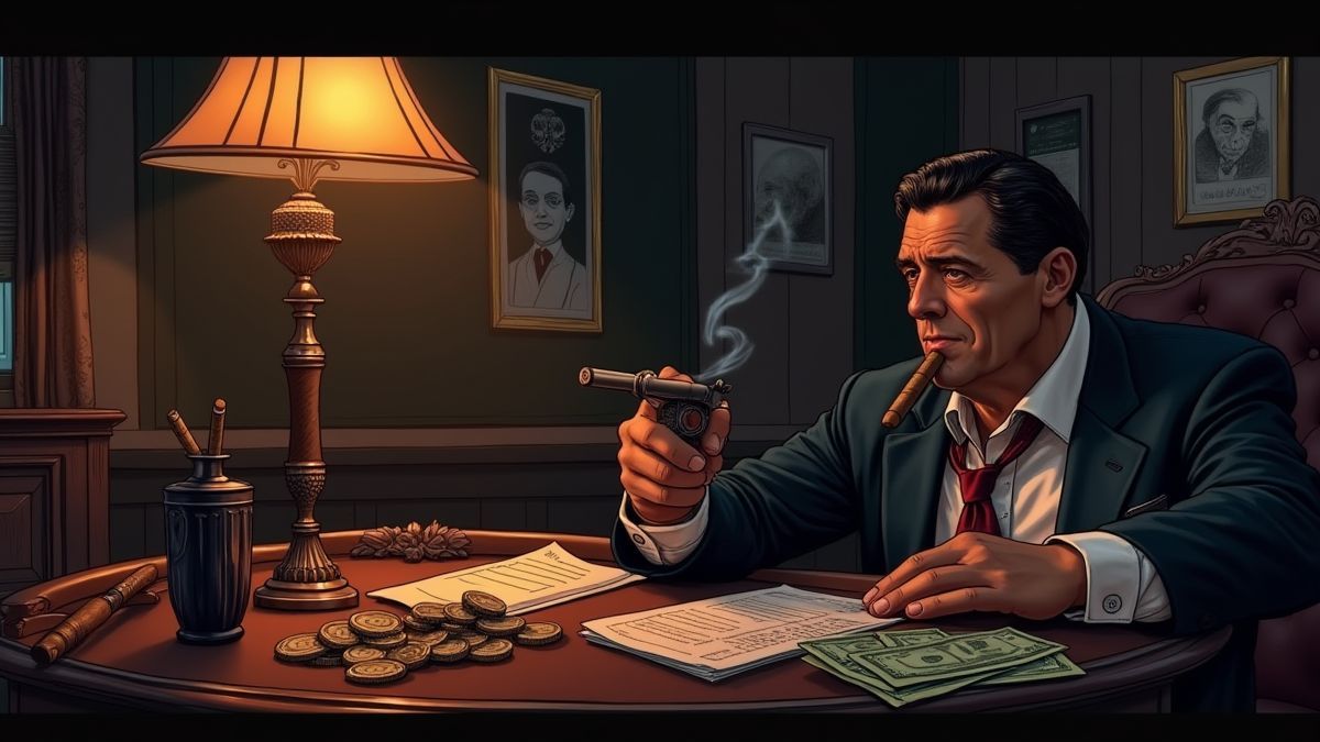 Escena mafiosa con objetos como puros, pistolas y dinero en una habitación oscura.