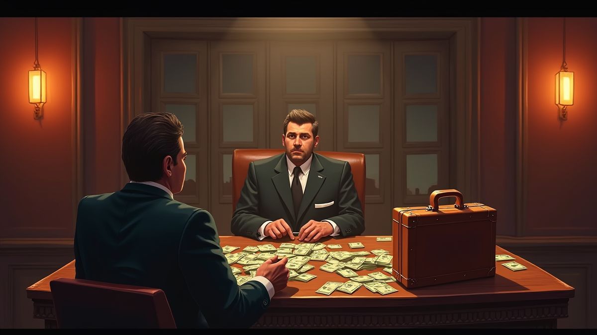 Juego de bonificación con maletines llenos de dinero y un jefe mafioso.