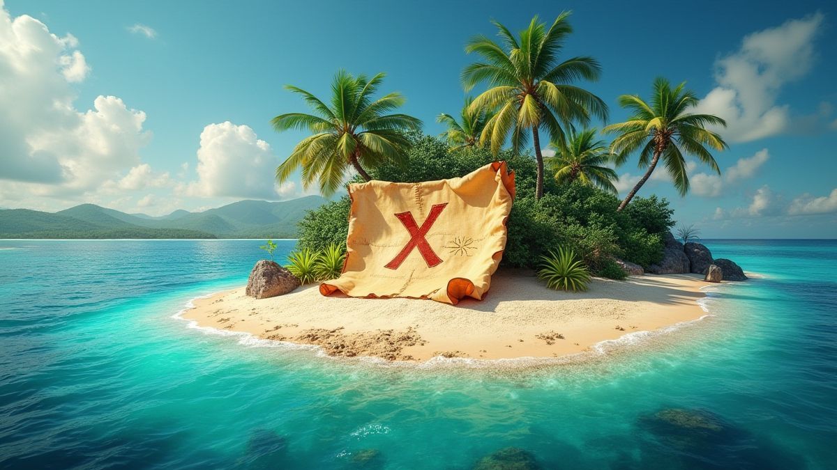 Treasure map with an 'X' marking the spot on a tropical island.