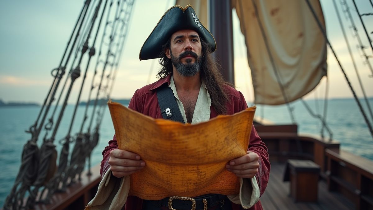 Pirate captain on the deck of a ship holding a treasure map.