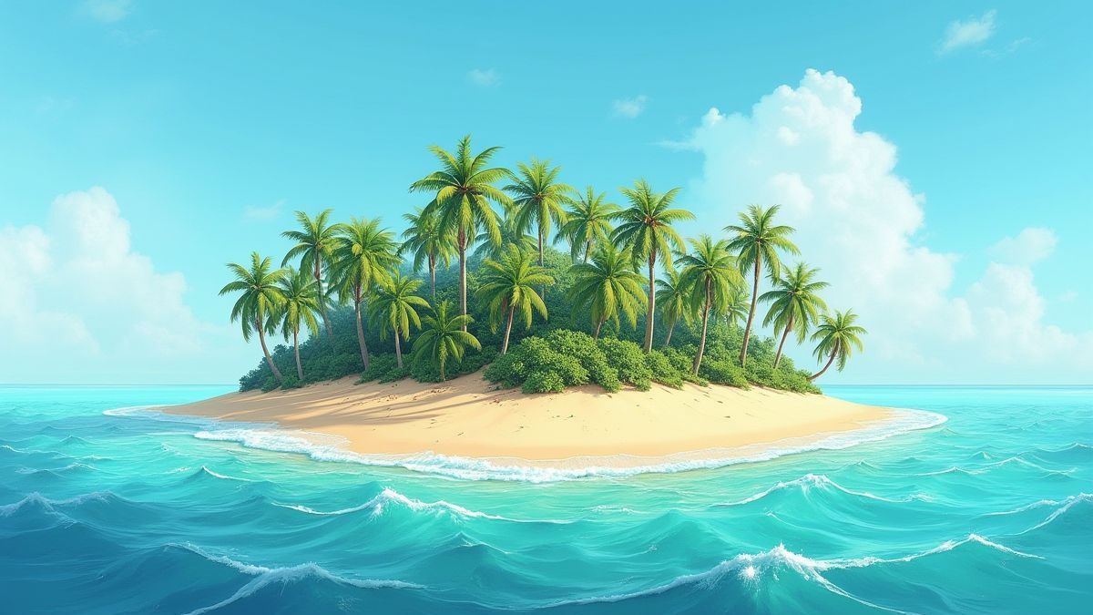 Tropical island with palm trees, golden sand, and crystal-clear waters.