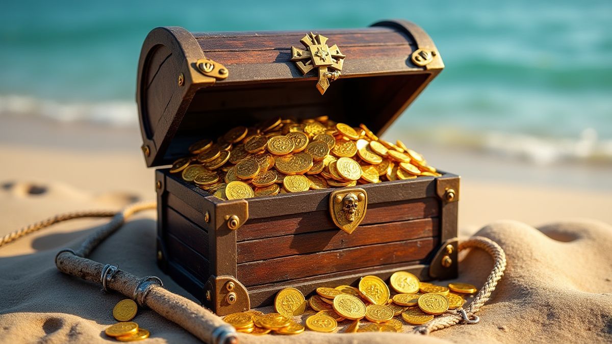 Een schatkist vol met gouden munten en edelstenen op een zandstrand.