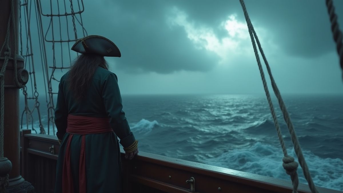 Ein Piratenkapitän auf seinem Schiff, der über ein stürmisches Meer schaut.