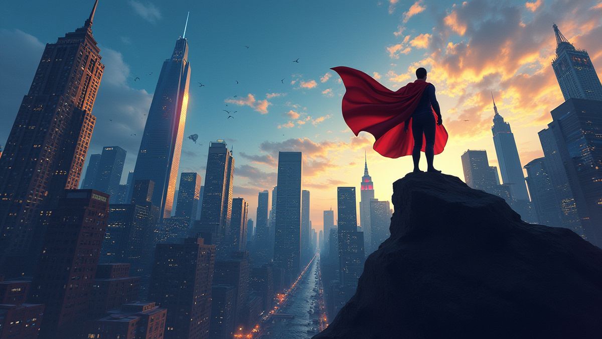 Stadsgezicht van superhelden met dramatische verlichting en wolkenkrabbers.
