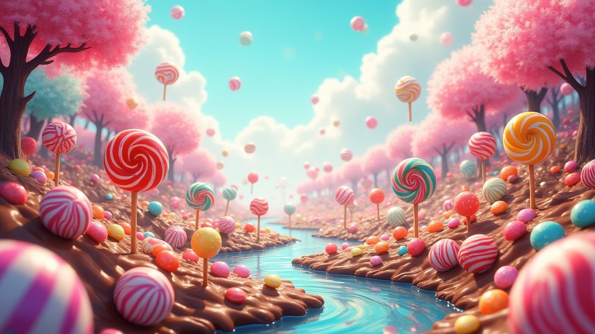 Paysage rempli de bonbons avec des sucettes et des rivières de chocolat.