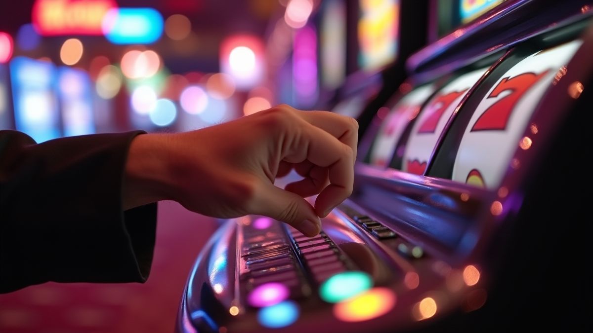 Main appuyant sur le bouton d'une machine à sous à thème de bonbons.