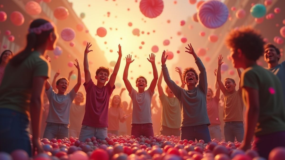 Célébration à thème de bonbons avec des joueurs enthousiastes.