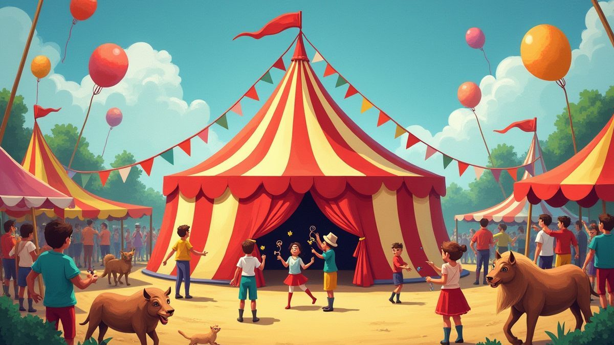 Tenda de circo rodeada de artistas e animais.