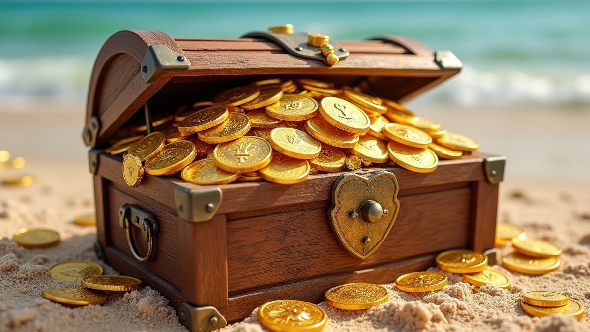Cofre del tesoro lleno de monedas de oro y joyas brillantes en una playa.
