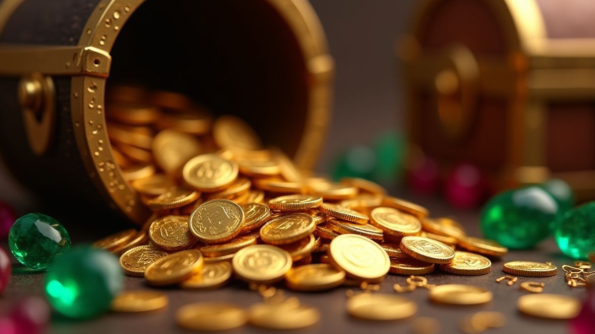Goldmünzen und Edelsteine, die aus einer Schatzkiste herausfallen.