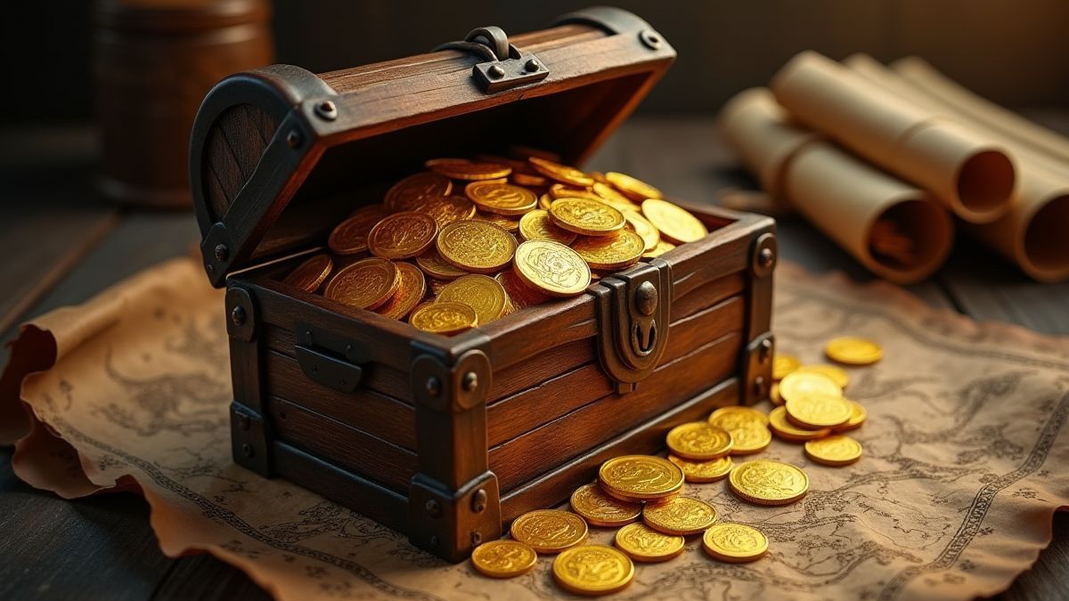 Eine Kiste voller Gold neben Piratenkarten und alten Schriftrollen.