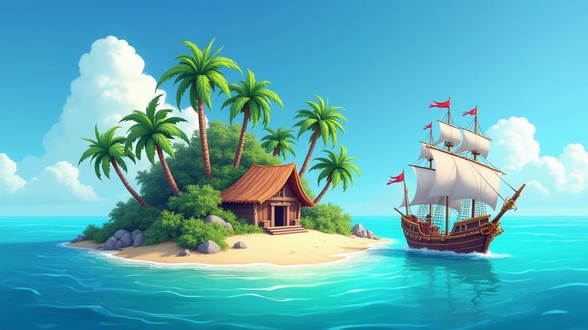 Eine tropische Insel mit Palmen und einem in der Nähe ankernden Piratenschiff.