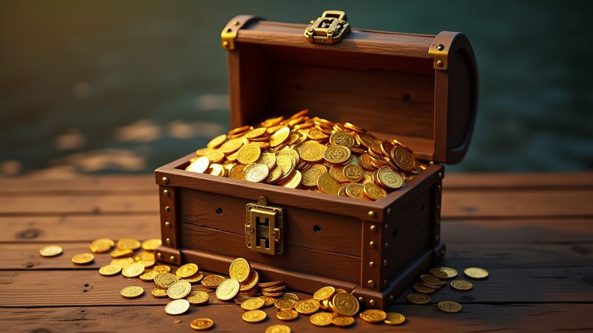 Un cofre del tesoro lleno de monedas de oro y gemas en una cubierta de madera.