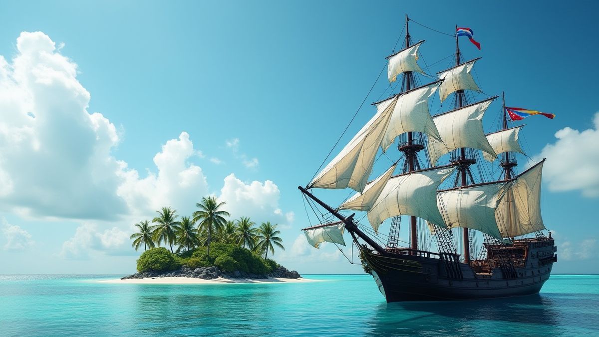 Un barco pirata anclado cerca de una isla tropical con palmeras.