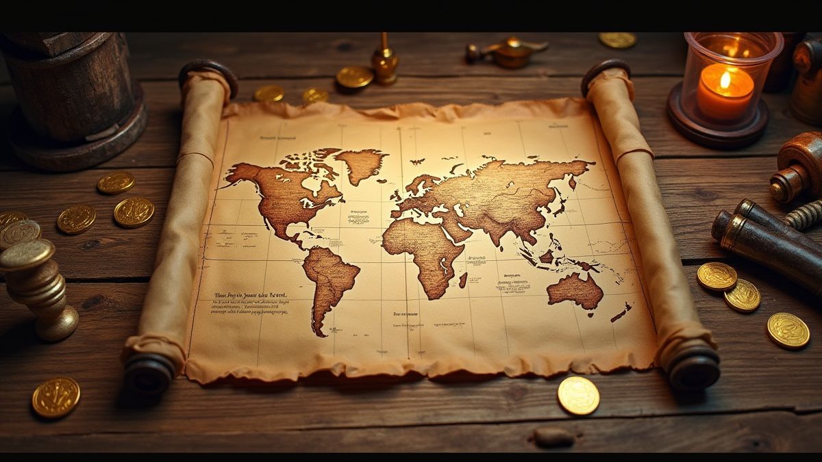 Um mapa do tesouro sobre uma mesa de madeira cercado por moedas de ouro e artefatos piratas.