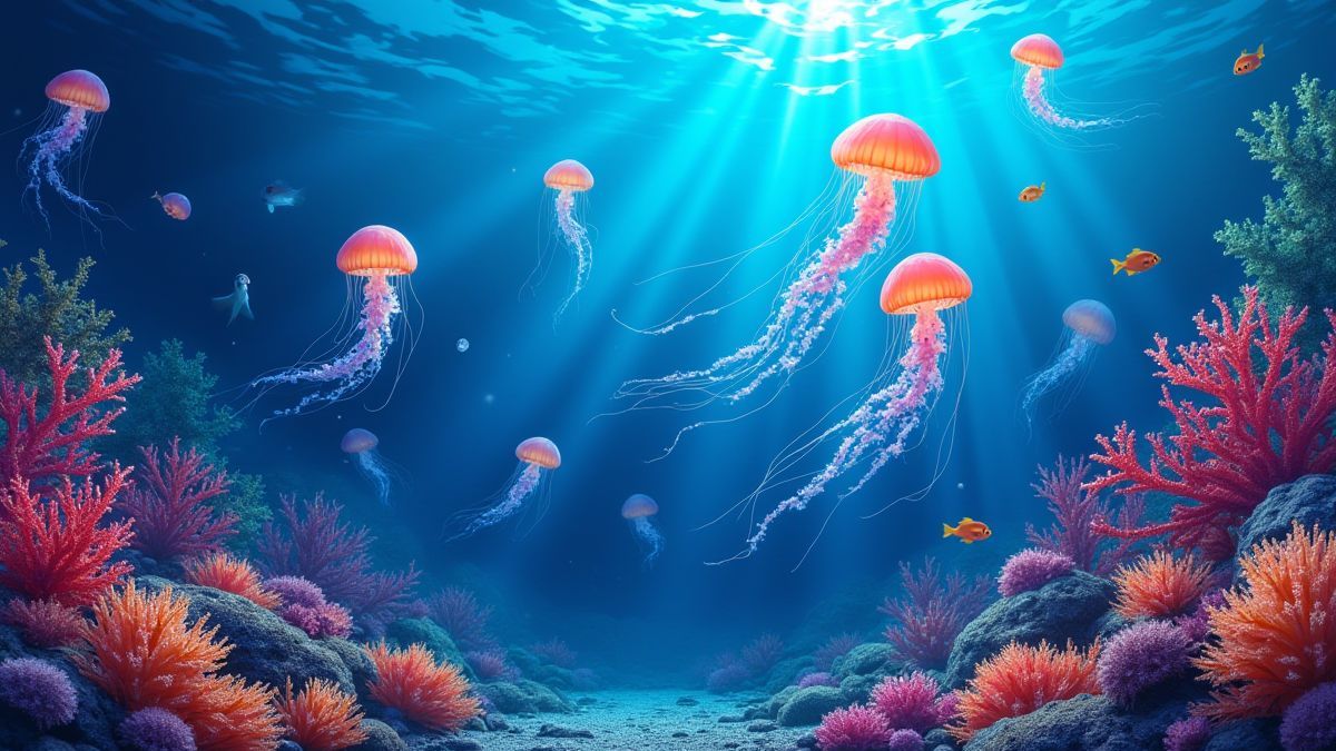 Una escena submarina llena de medusas y arrecifes de coral.