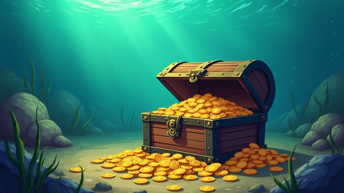 Un cofre del tesoro lleno de monedas de oro bajo el mar.
